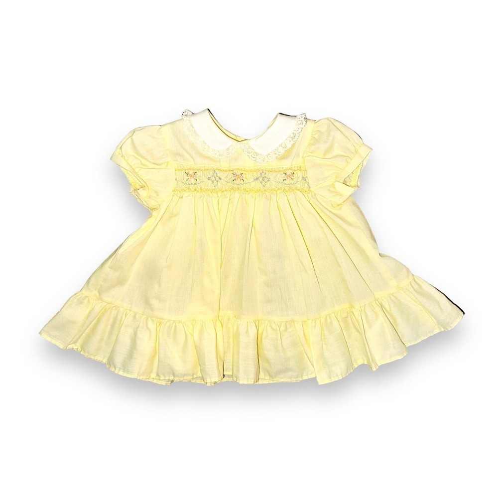 A9 Vintage Polly Flinders Yellow Hand Smocked Dress Lace Ruffle Size 6 9 Months